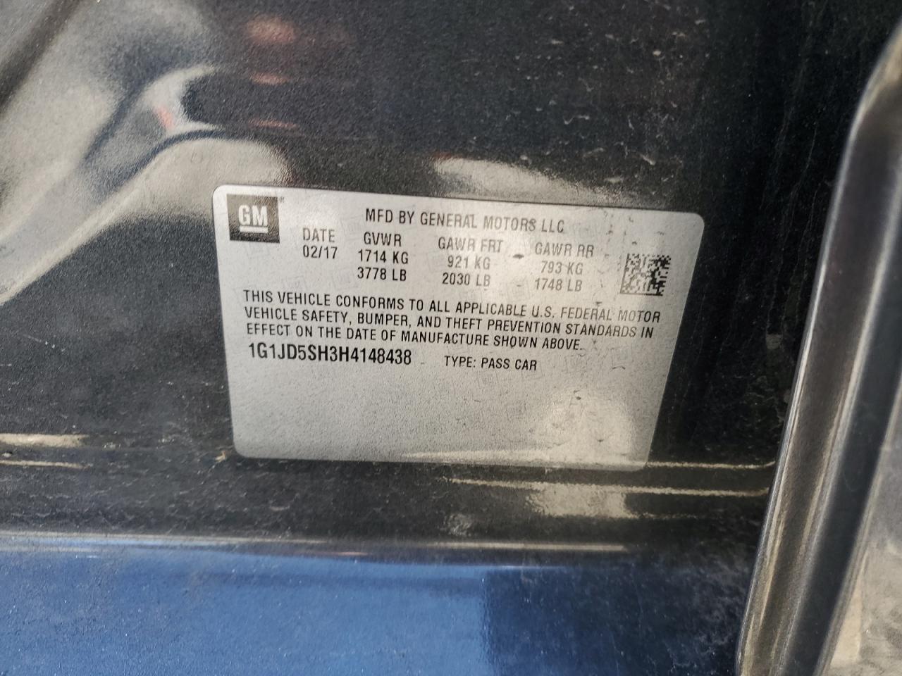 2017 Chevrolet Sonic Lt VIN: 1G1JD5SH3H4148438 Lot: 51591605