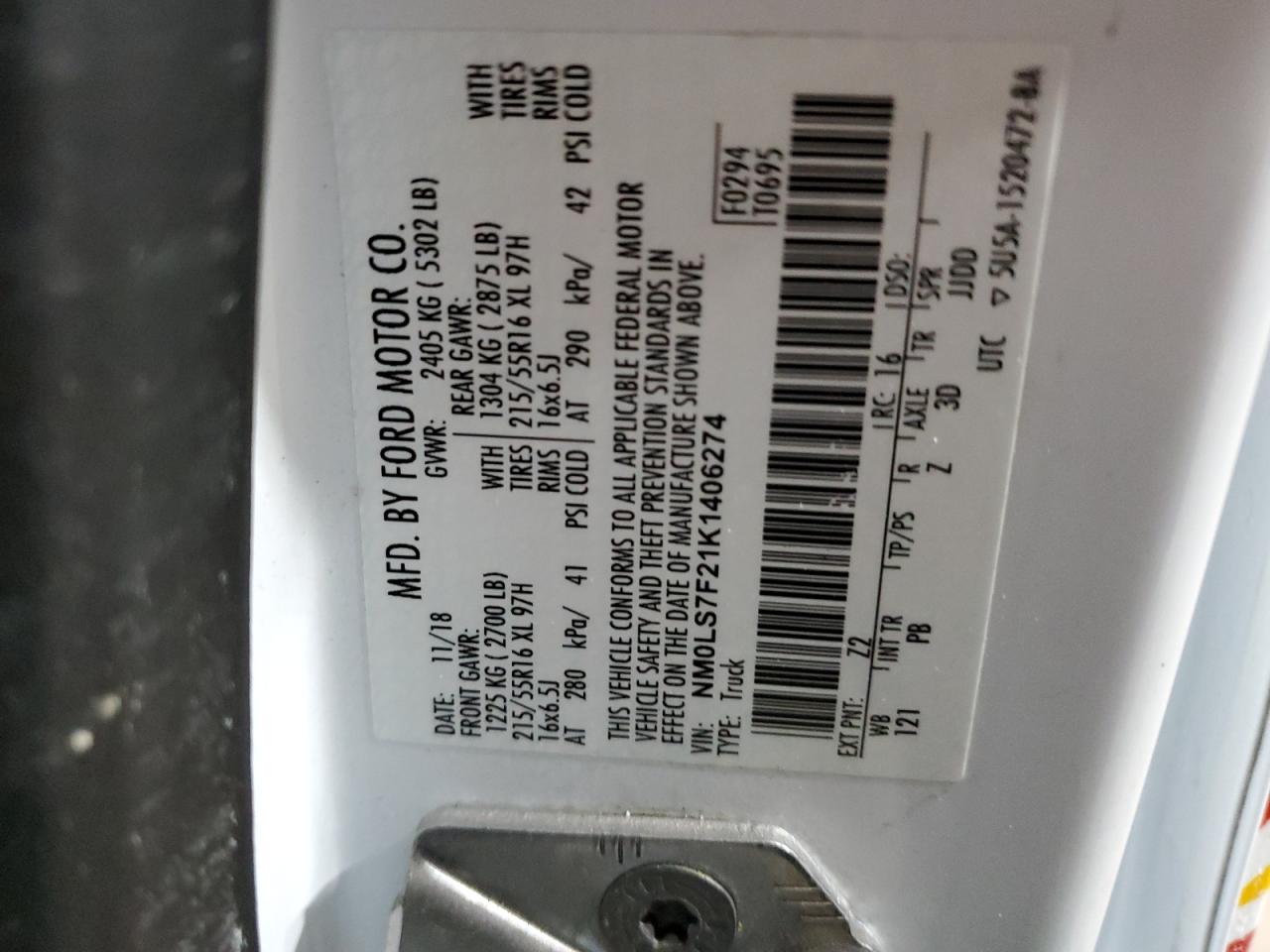 NM0LS7F21K1406274 FORD TRANSIT 2019