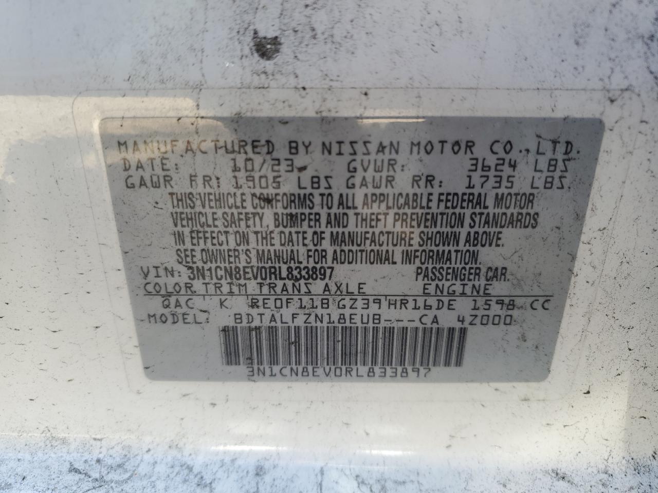 3N1CN8EV0RL833897 NISSAN VERSA 2024