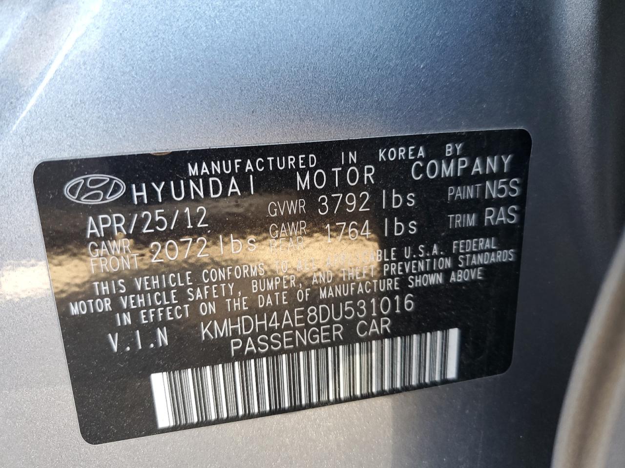 VIN KMHDH4AE8DU531016 2013 HYUNDAI ELANTRA no.12