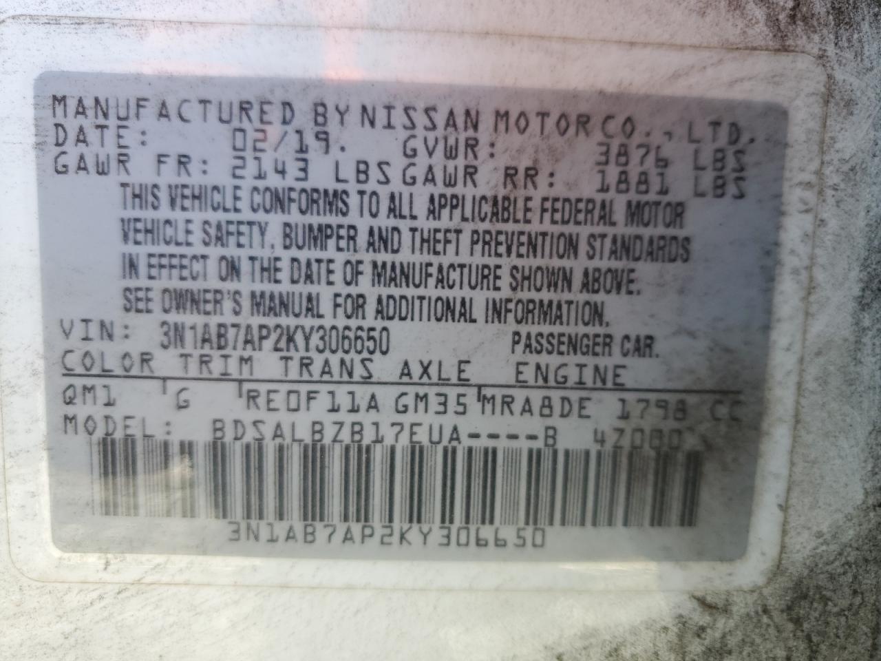 3N1AB7AP2KY306650 NISSAN SENTRA 2019