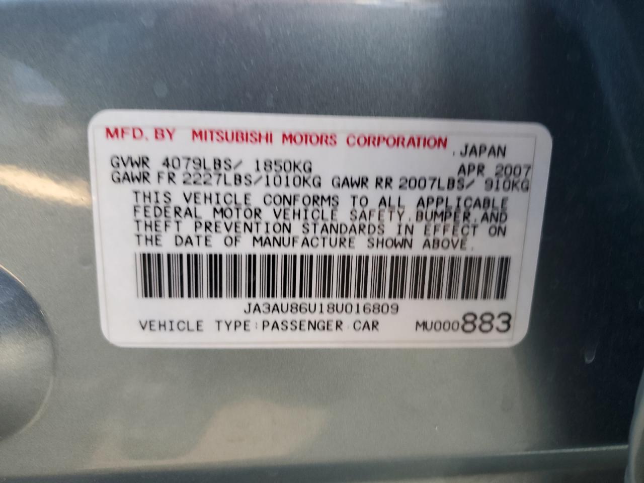 2008 Mitsubishi Lancer Gts VIN: JA3AU86U18U016809 Lot: 89009195