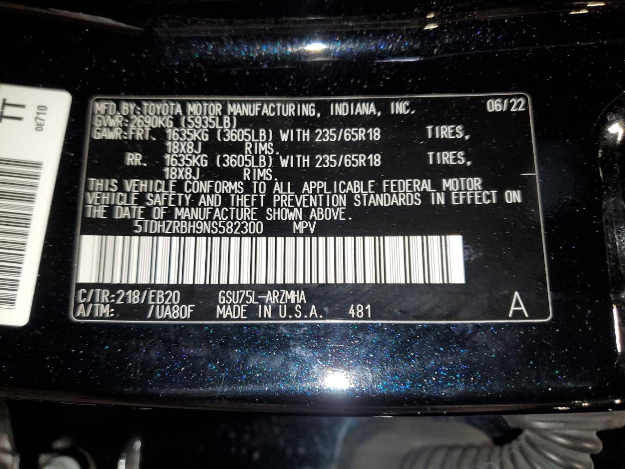 2022 Toyota Highlander Xle VIN: 5TDHZRBH9NS582300 Lot: 41484405