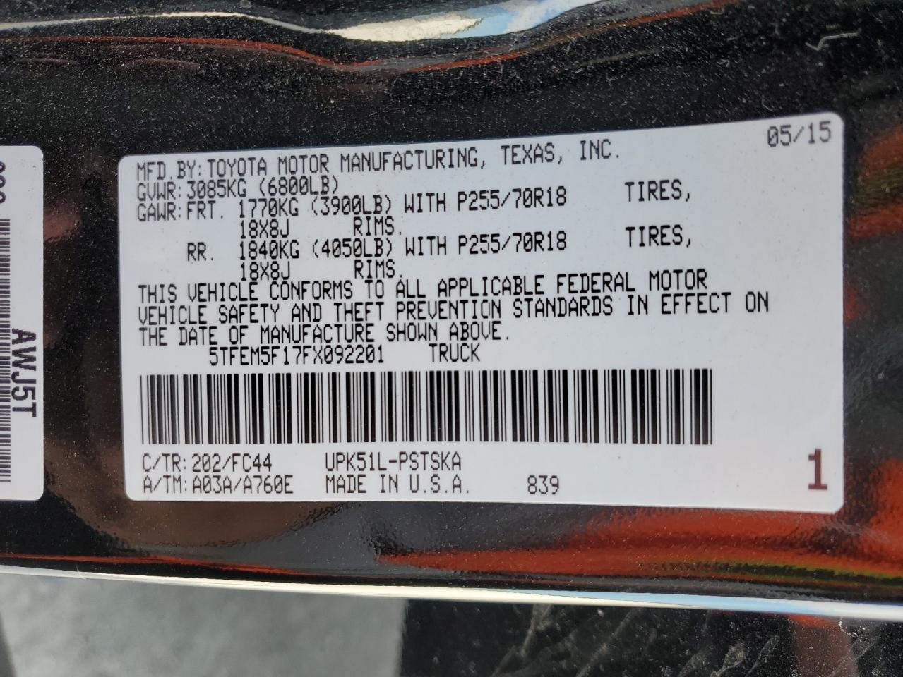 2015 Toyota Tundra Crewmax Sr5 VIN: 5TFEM5F17FX092201 Lot: 88625305