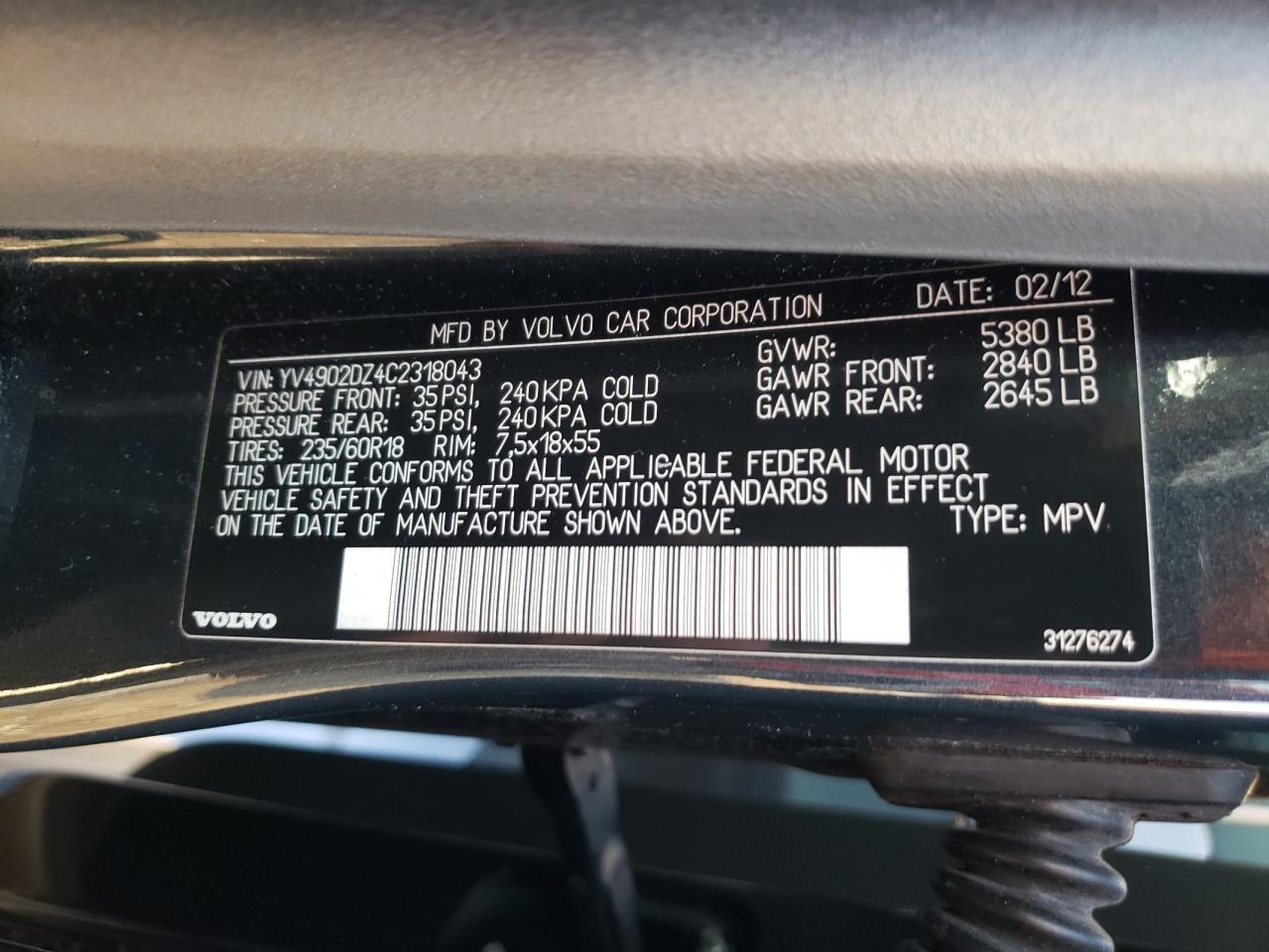 2012 Volvo Xc60 VIN: YV4902D20C2318043 Lot: 42180505