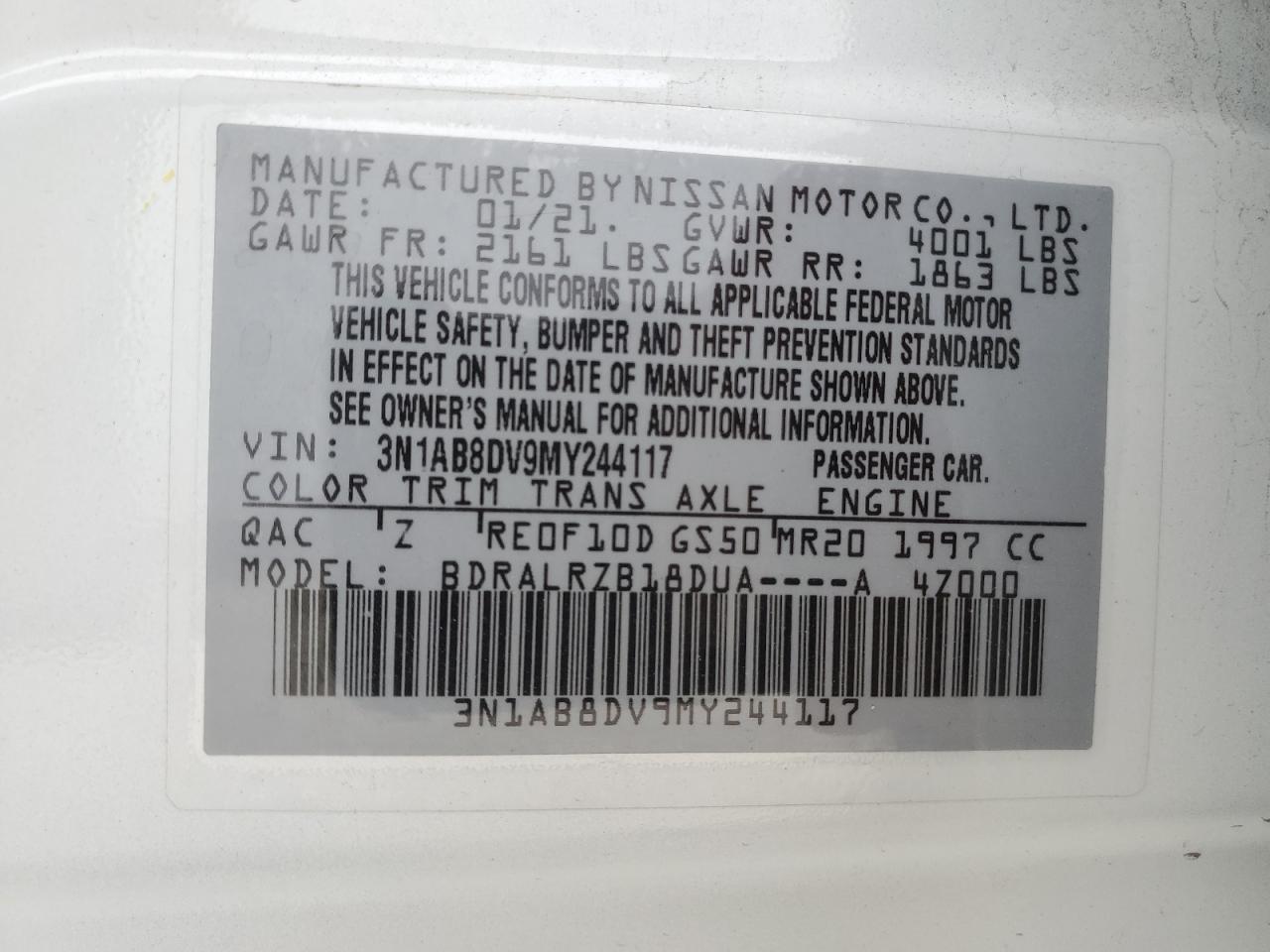 3N1AB8DV9MY244117 NISSAN SENTRA 2021