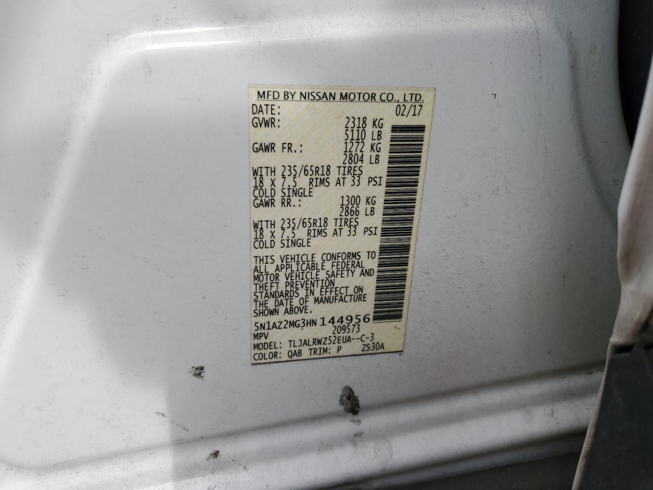 5N1AZ2MG3HN144956 NISSAN MURANO 2017