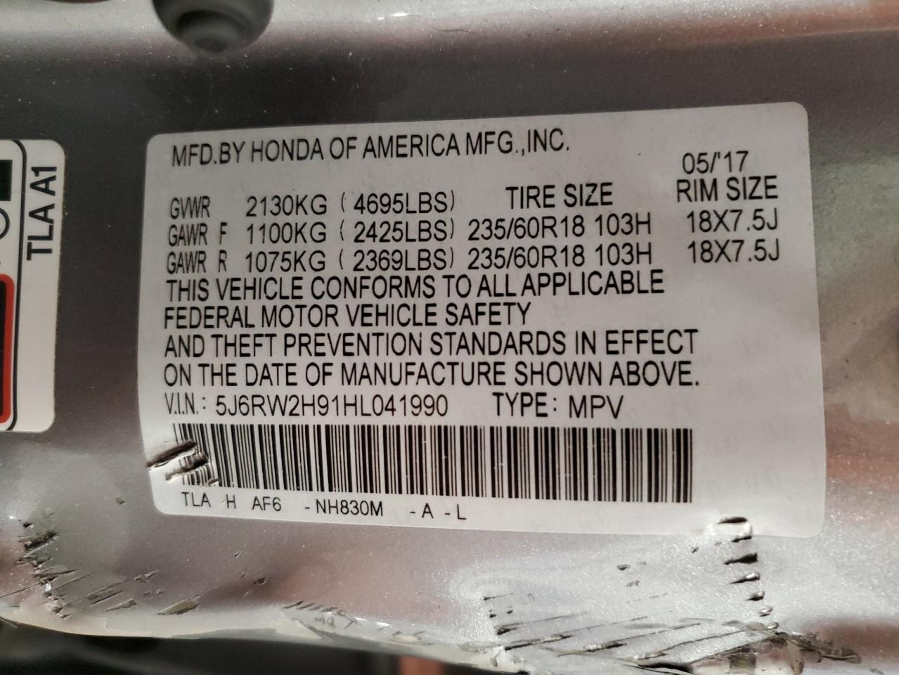 5J6RW2H91HL041990 HONDA CRV 2017