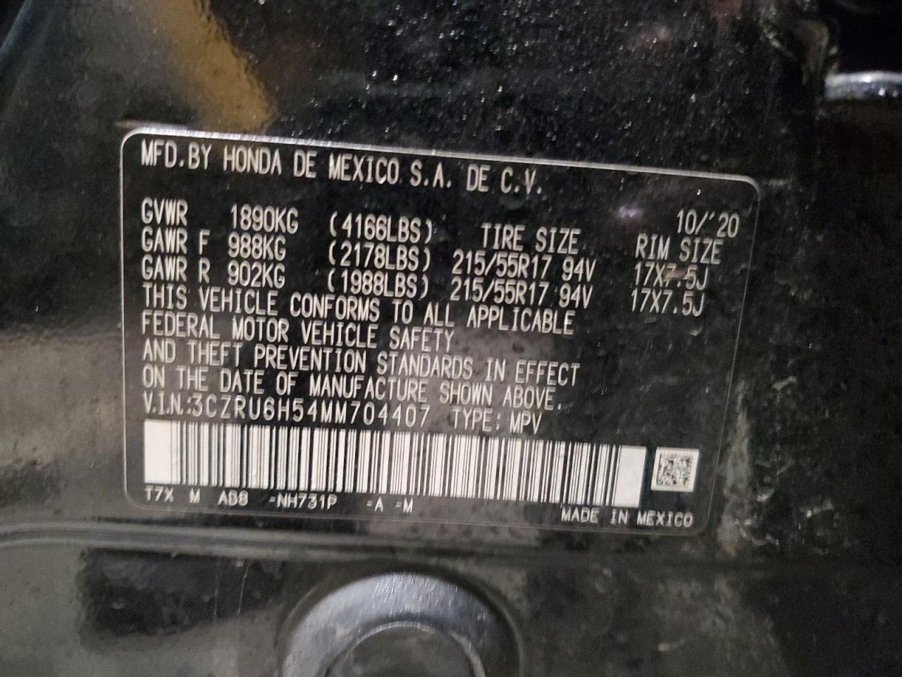 3CZRU6H54MM704407 HONDA HR-V 2021