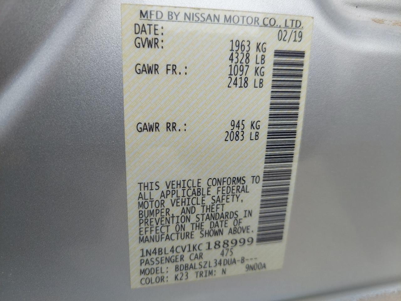 1N4BL4CV1KC188999 - 2019 Nissan Altima - #87516785