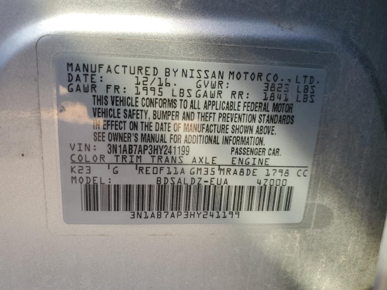 3N1AB7AP3HY241199 NISSAN SENTRA 2017