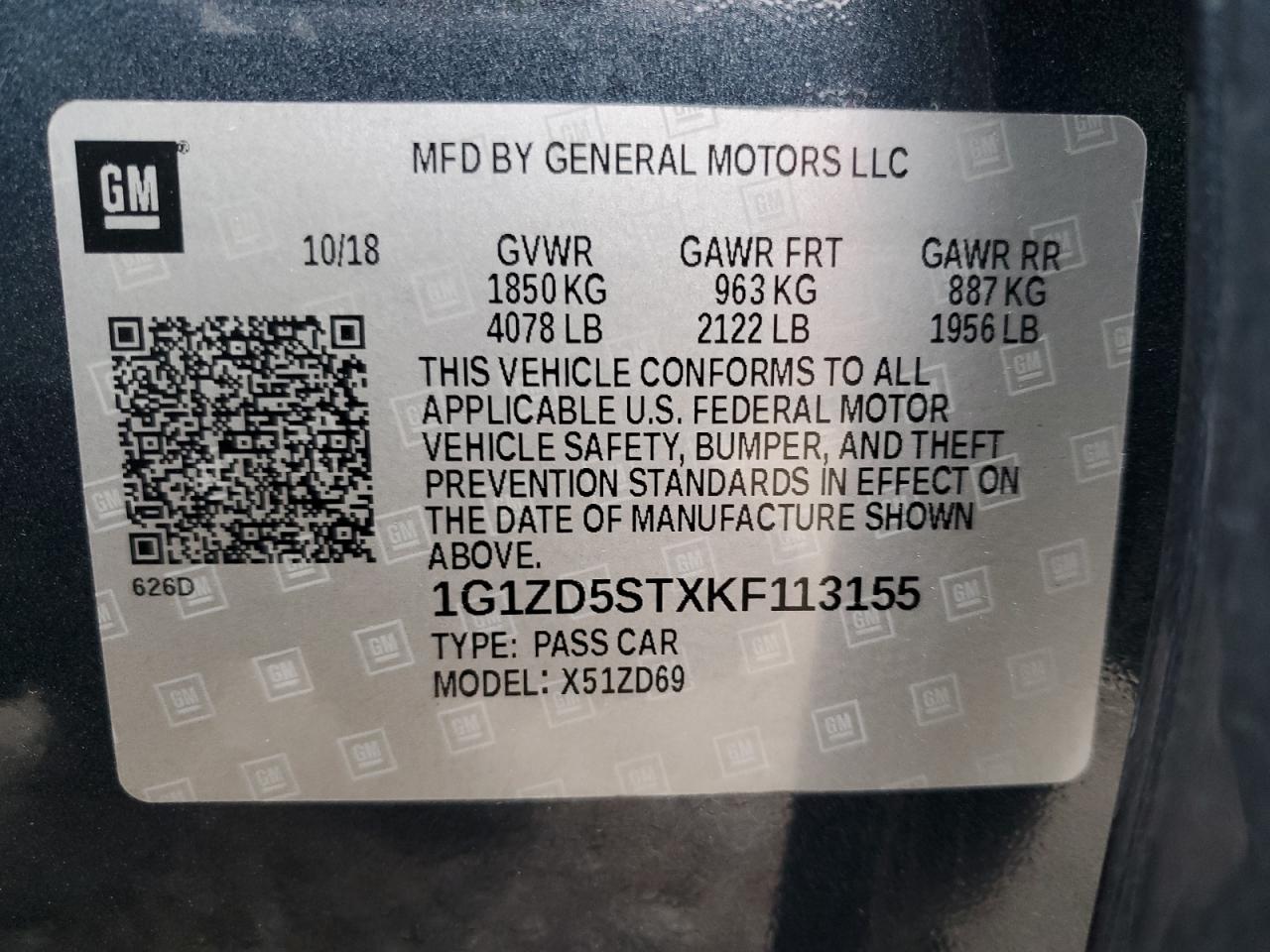 1G1ZD5STXKF113155 CHEVROLET MALIBU 2019