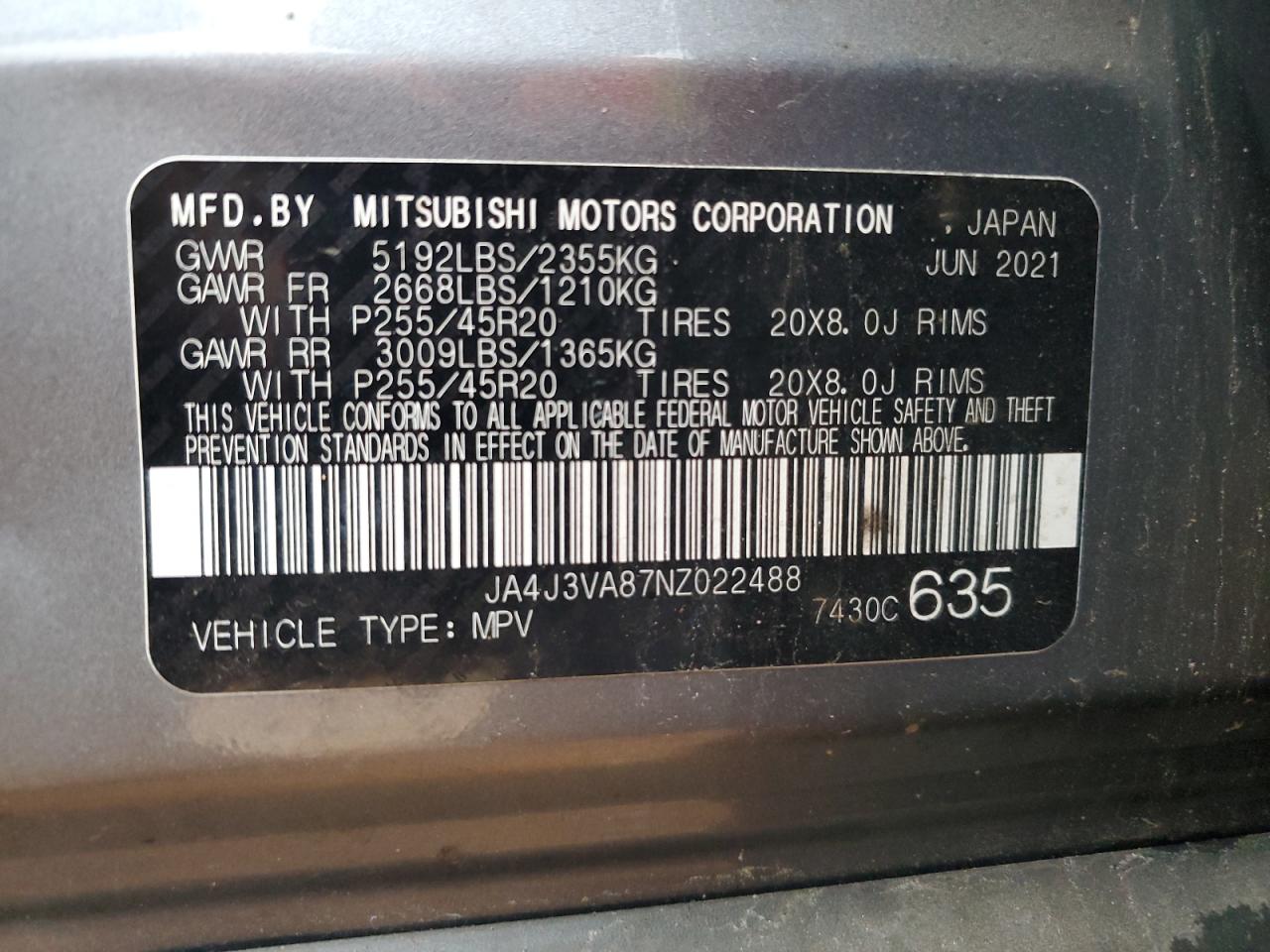 JA4J3VA87NZ022488 MITSUBISHI OUTLANDER 2022