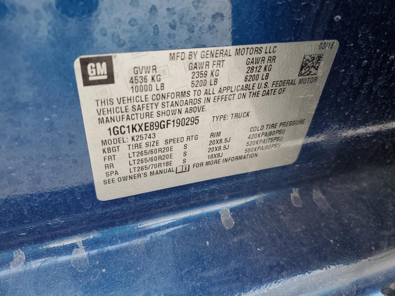 1GC1KXE89GF190295 CHEVROLET ALL Models 2016