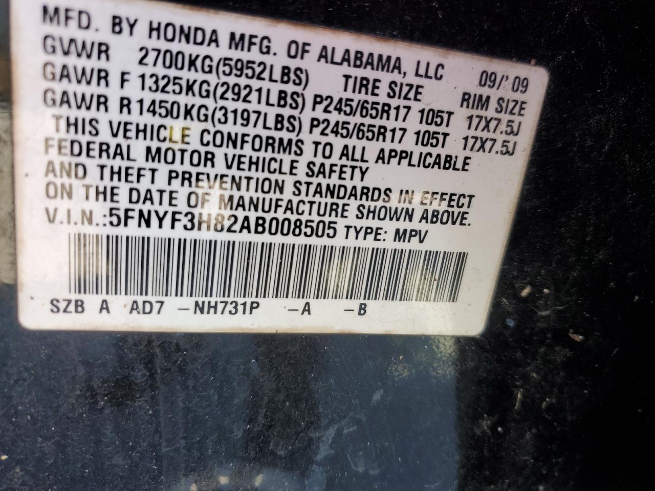 2010 Honda Pilot Touring VIN: 5FNYF3H82AB008505 Lot: 87769825