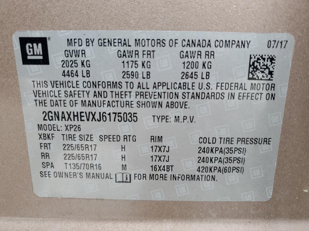 2GNAXHEVXJ6175035 CHEVROLET EQUINOX 2018