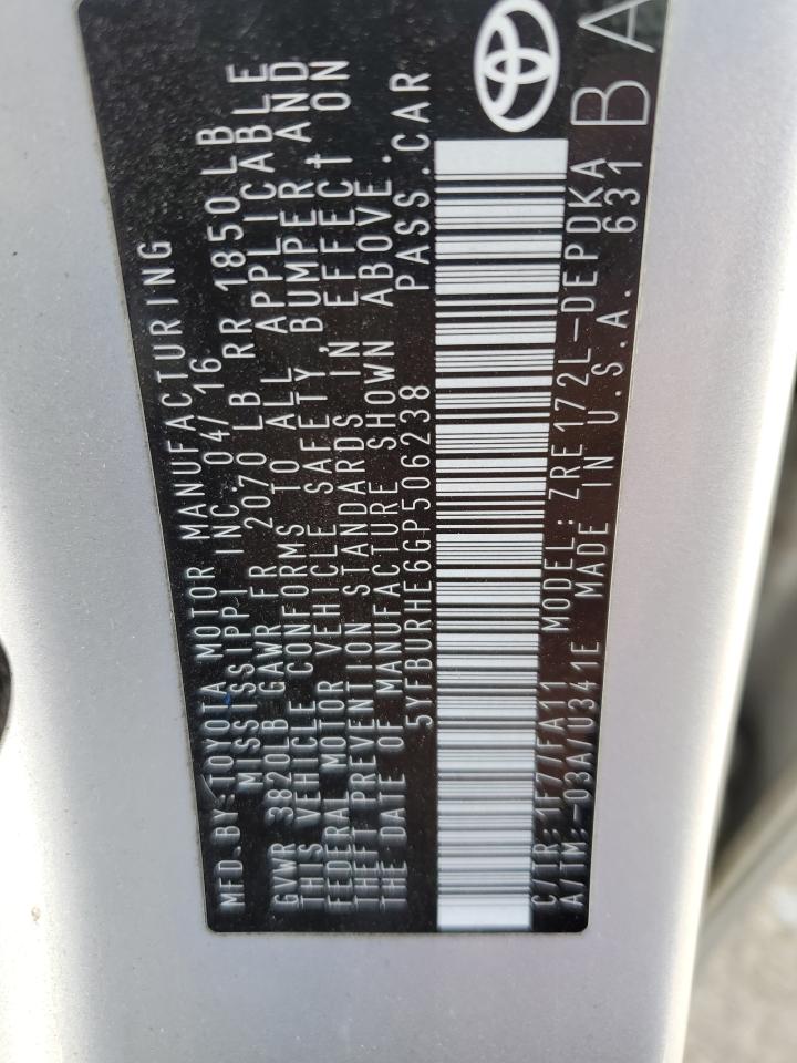 5YFBURHE6GP506238 TOYOTA COROLLA 2016