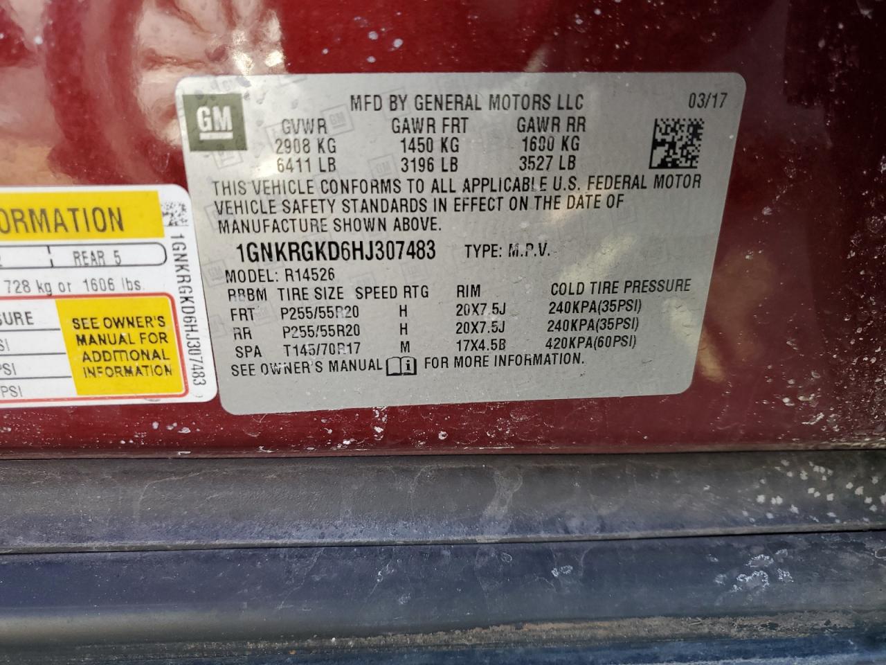 1GNKRGKD6HJ307483 CHEVROLET TRAVERSE 2017
