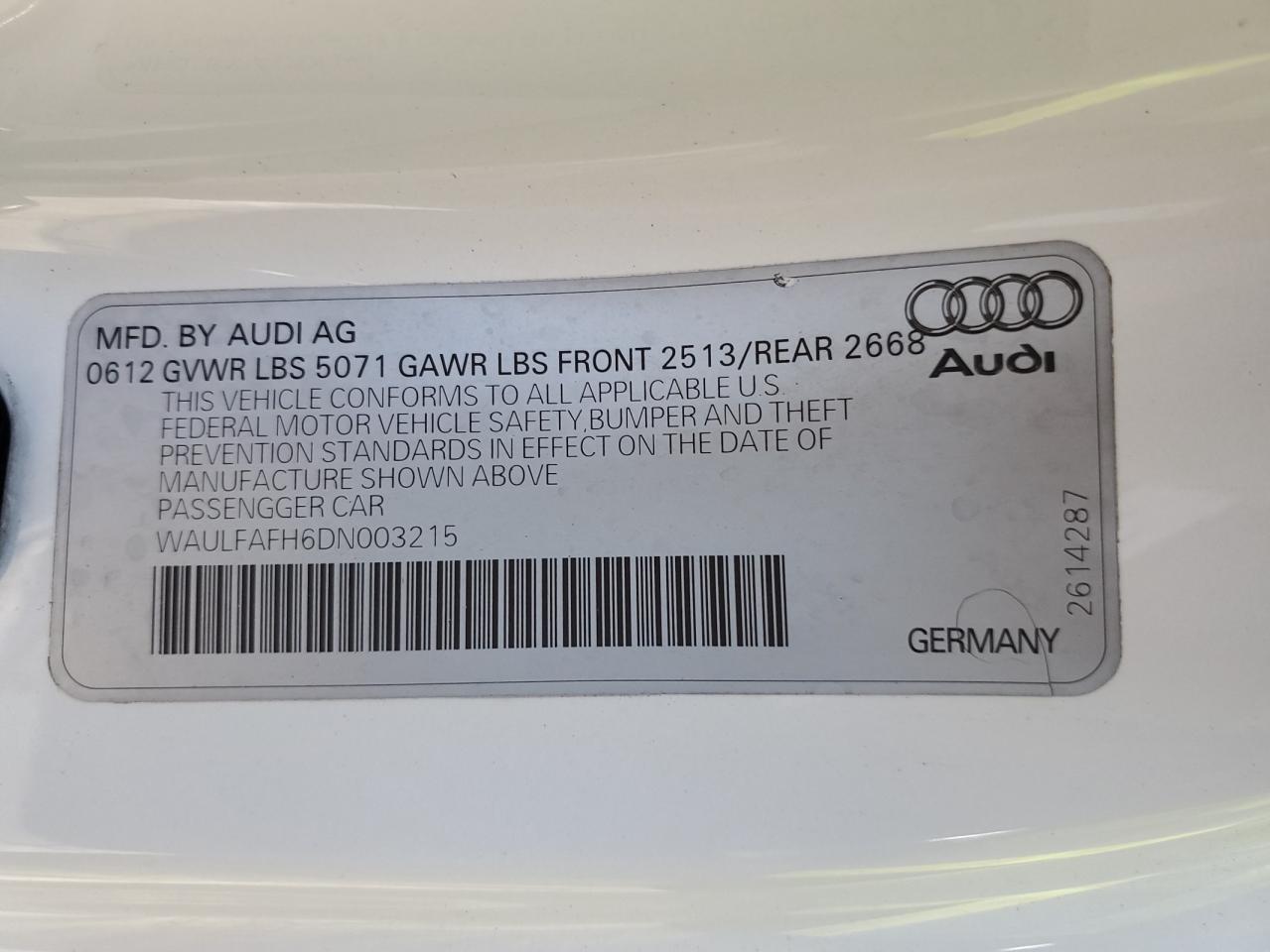 VIN WAULFAFH6DN003215 2013 AUDI A5 no.12