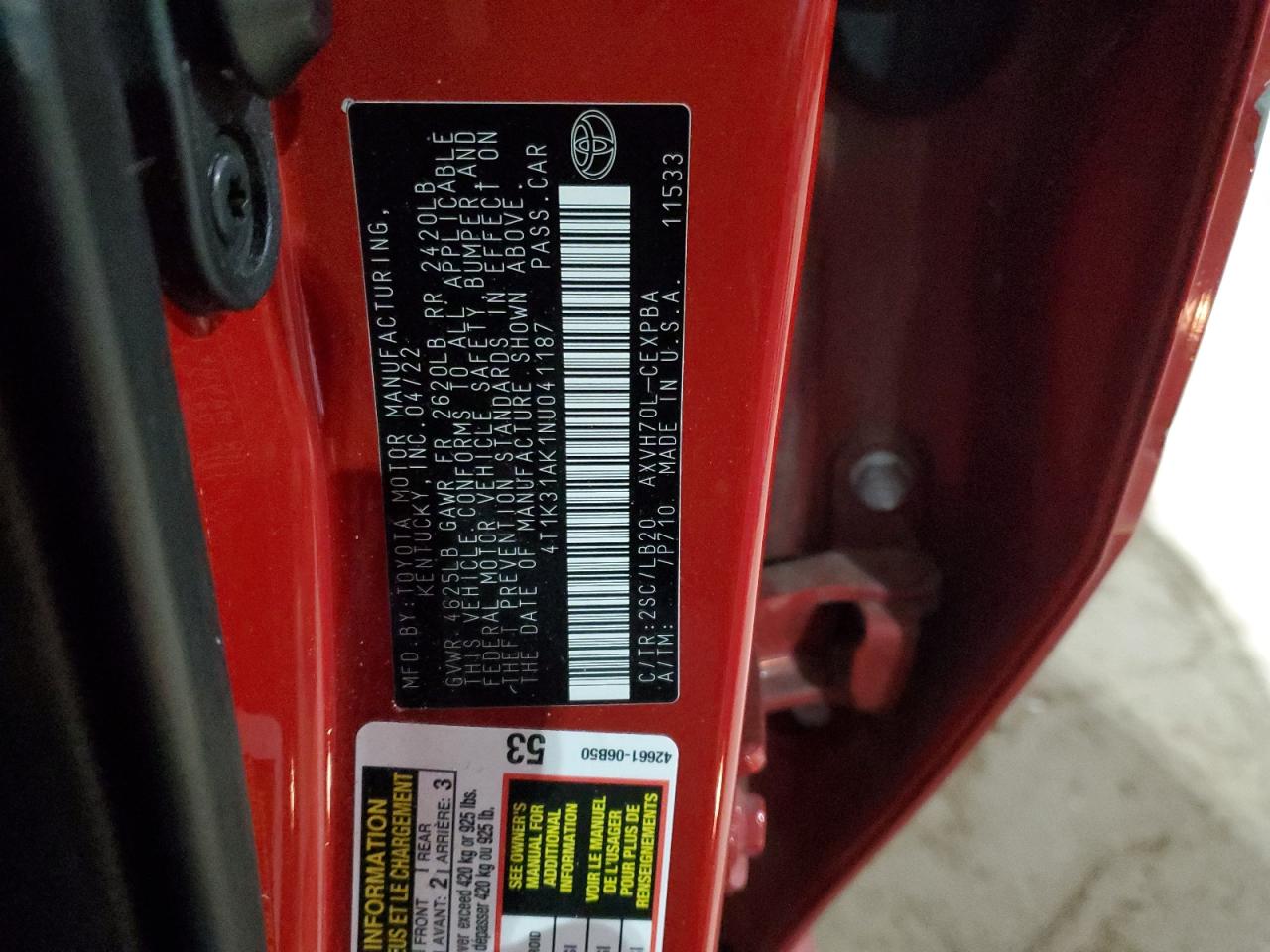 4T1K31AK1NU041187 TOYOTA CAMRY 2022
