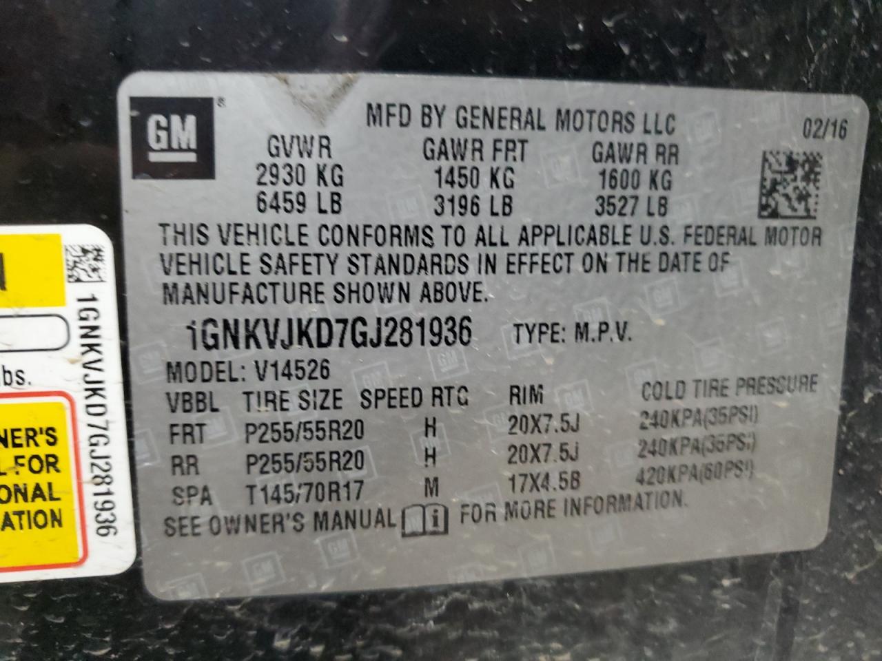 1GNKVJKD7GJ281936 CHEVROLET TRAVERSE 2016