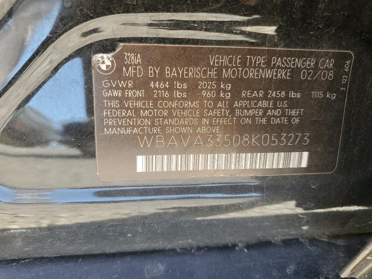 2008 BMW 328 I VIN: WBAVA33508K053273 Lot: 88794895