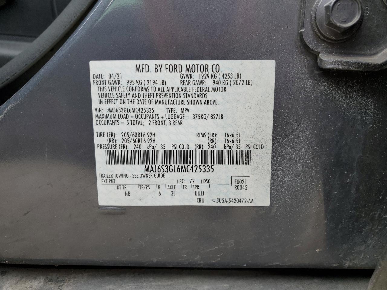 MAJ6S3GL6MC425335 FORD ECOSPORT 2021