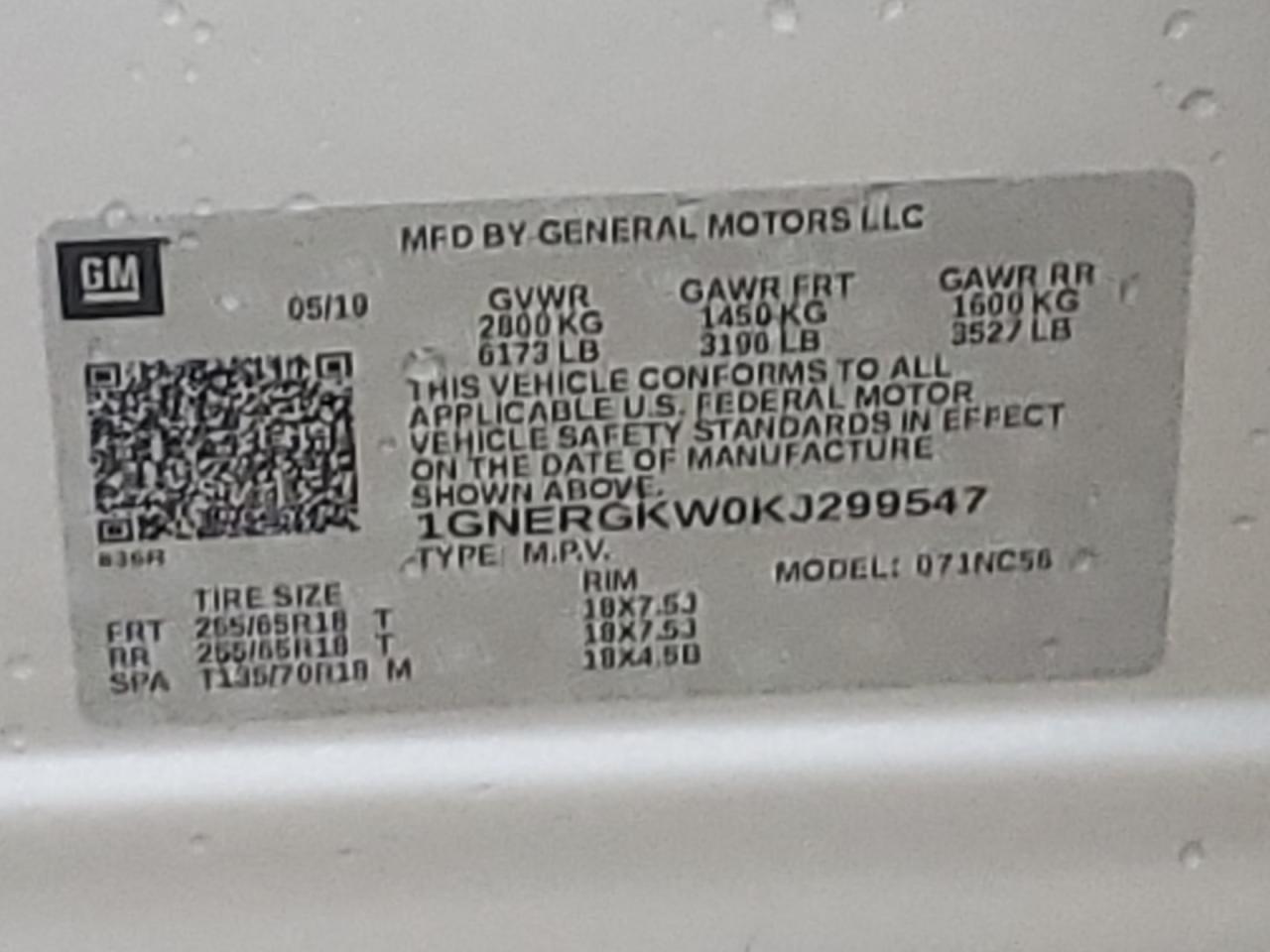1GNERGKW0KJ299547 CHEVROLET TRAVERSE 2019