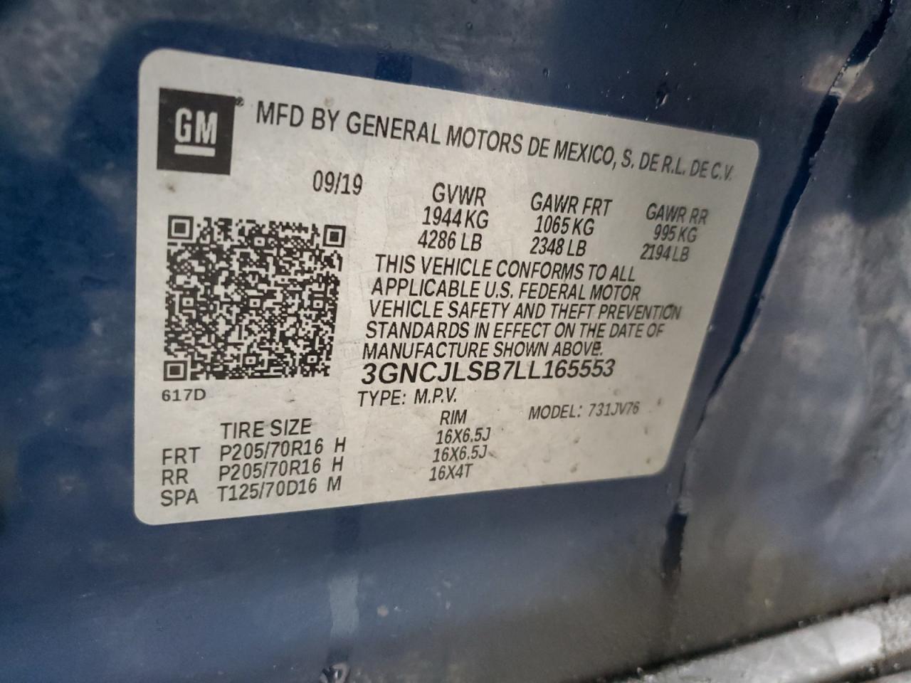 3GNCJLSB7LL165553 CHEVROLET TRAX 2020