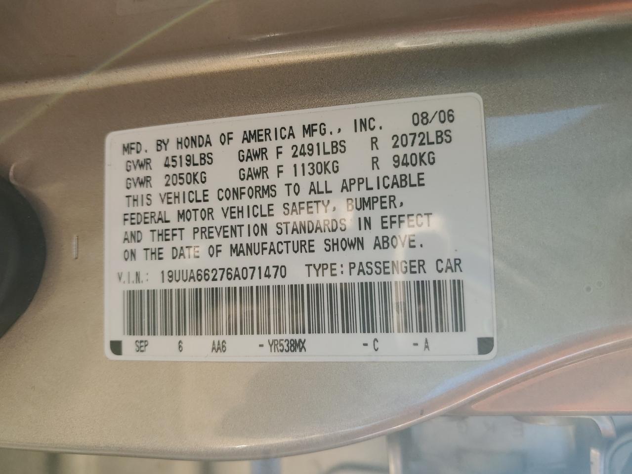 2006 Acura 3.2Tl VIN: 19UUA66276A071470 Lot: 87428944