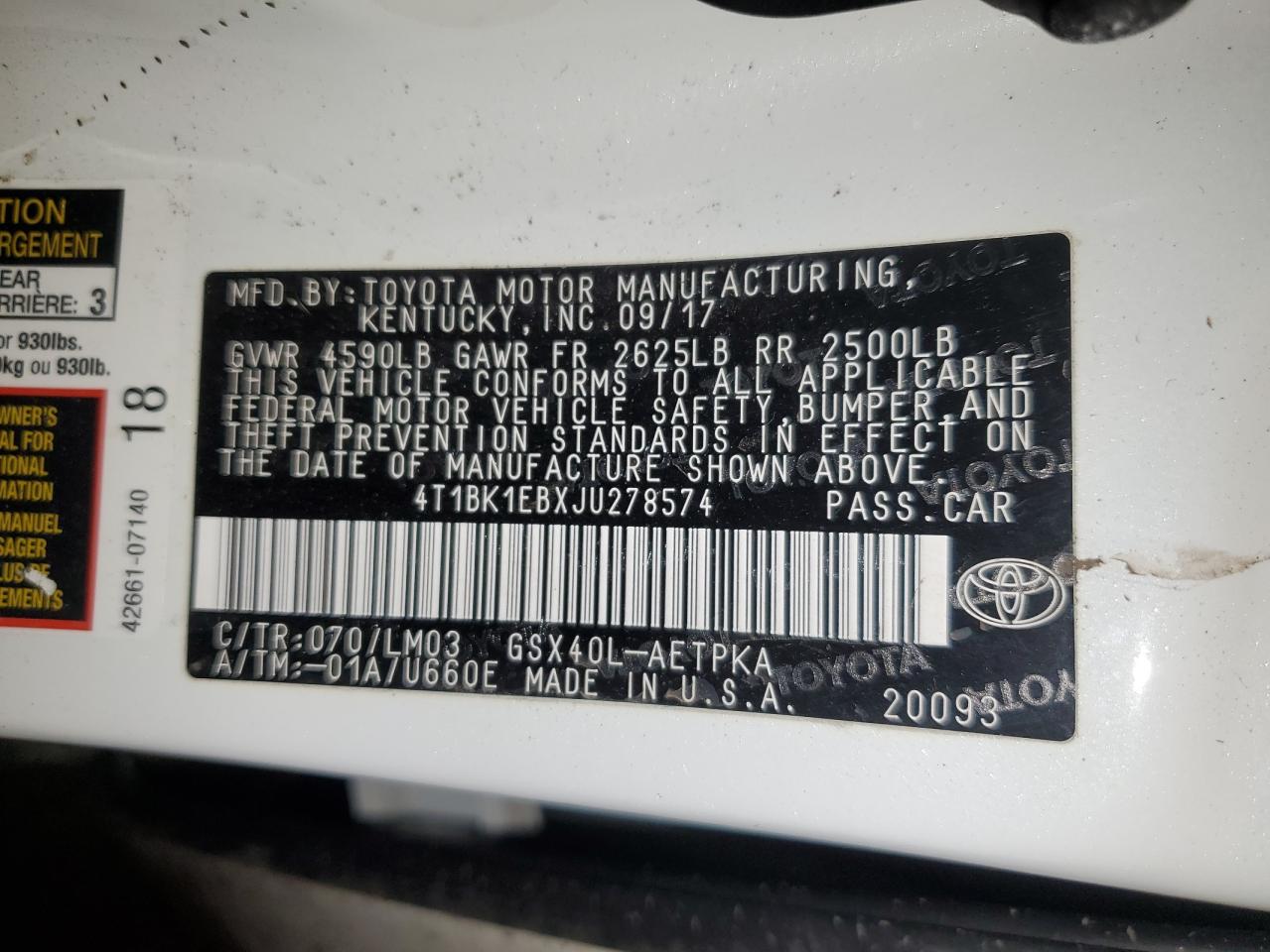 4T1BK1EBXJU278574 TOYOTA AVALON 2018