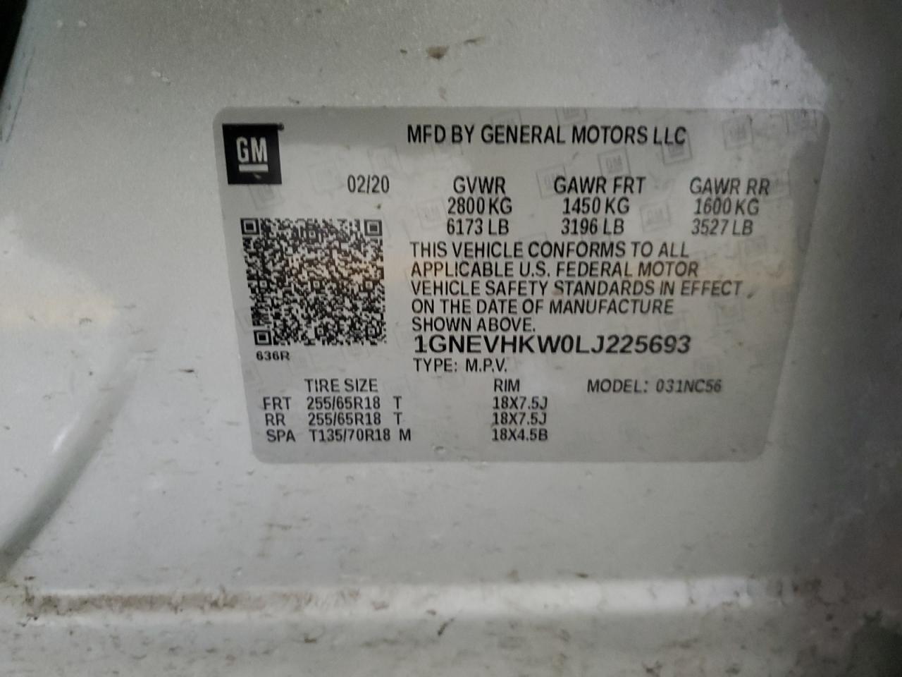 1GNEVHKW0LJ225693 CHEVROLET TRAVERSE 2020