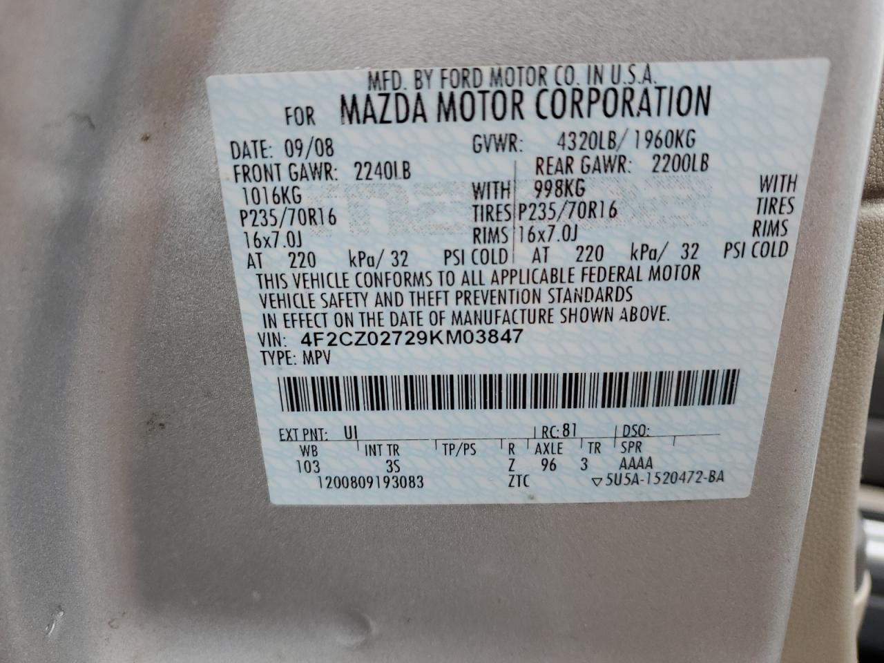 2009 Mazda Tribute I VIN: 4F2CZ02729KM03847 Lot: 88160285
