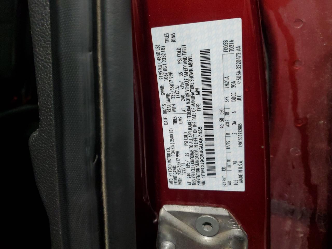 1FMCU9G94GUA67435 FORD ESCAPE 2016