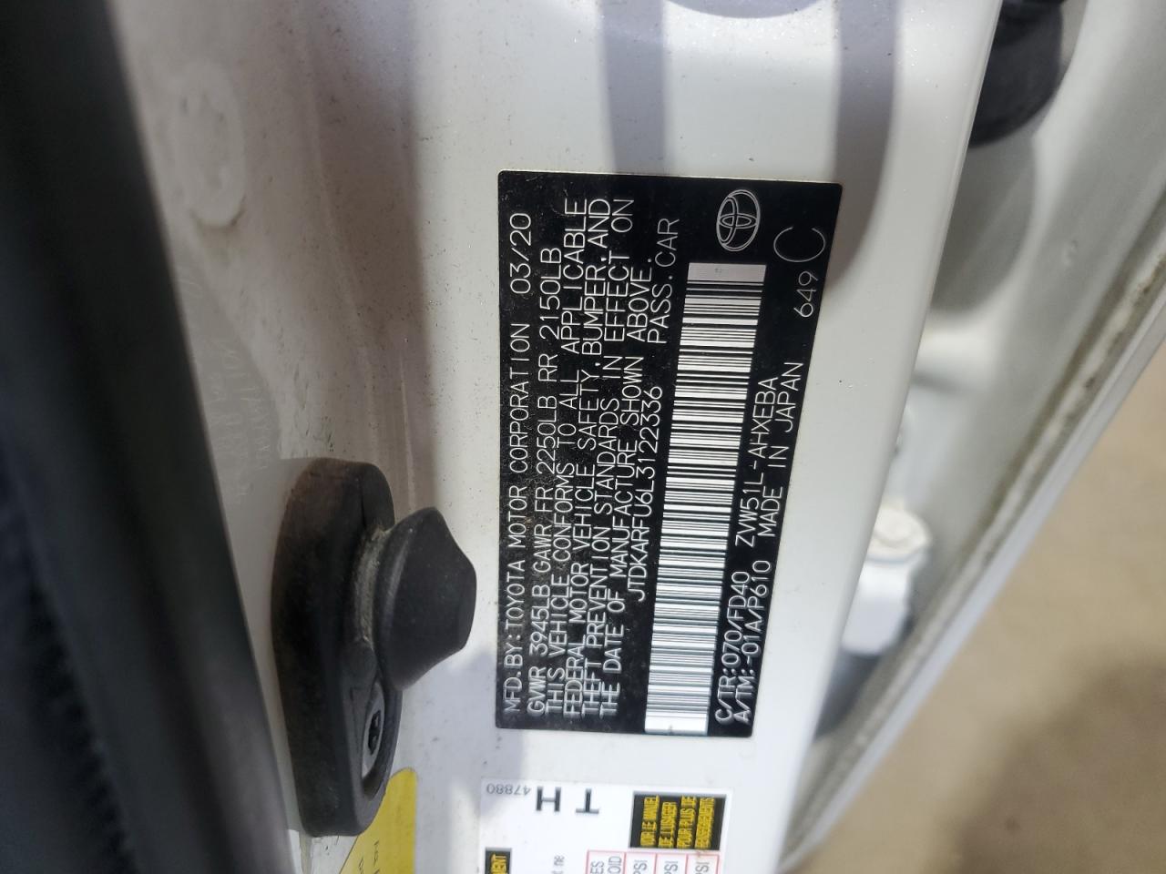 JTDKARFU6L3122336 TOYOTA PRIUS 2020