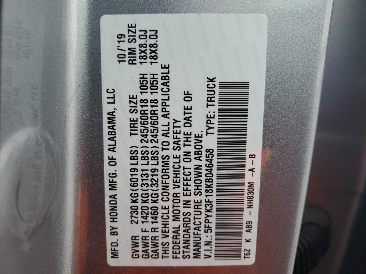 2019 Honda Ridgeline Sport VIN: 5FPYK3F18KB046458 Lot: 87223674