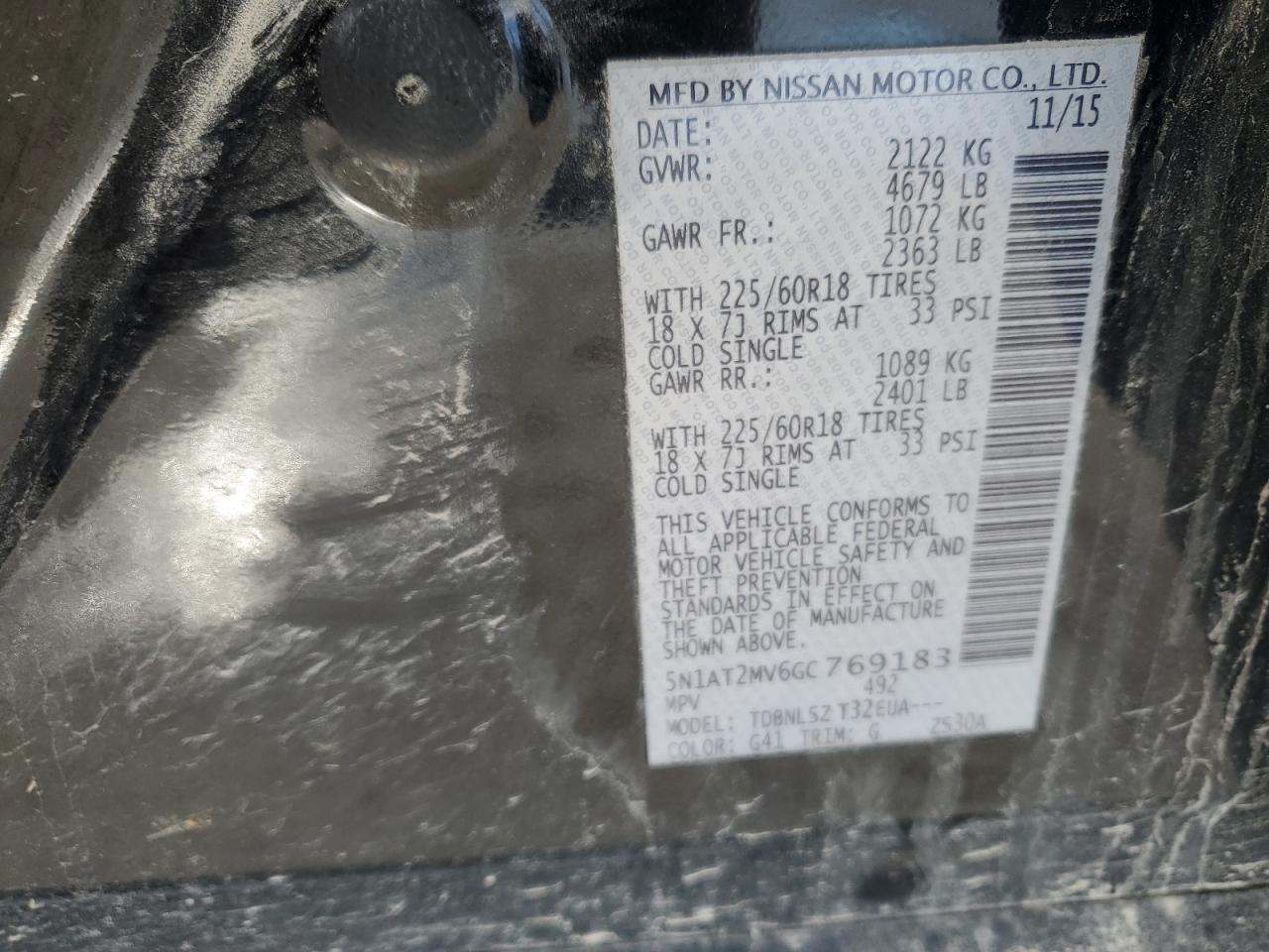5N1AT2MV6GC769183 NISSAN ROGUE 2016