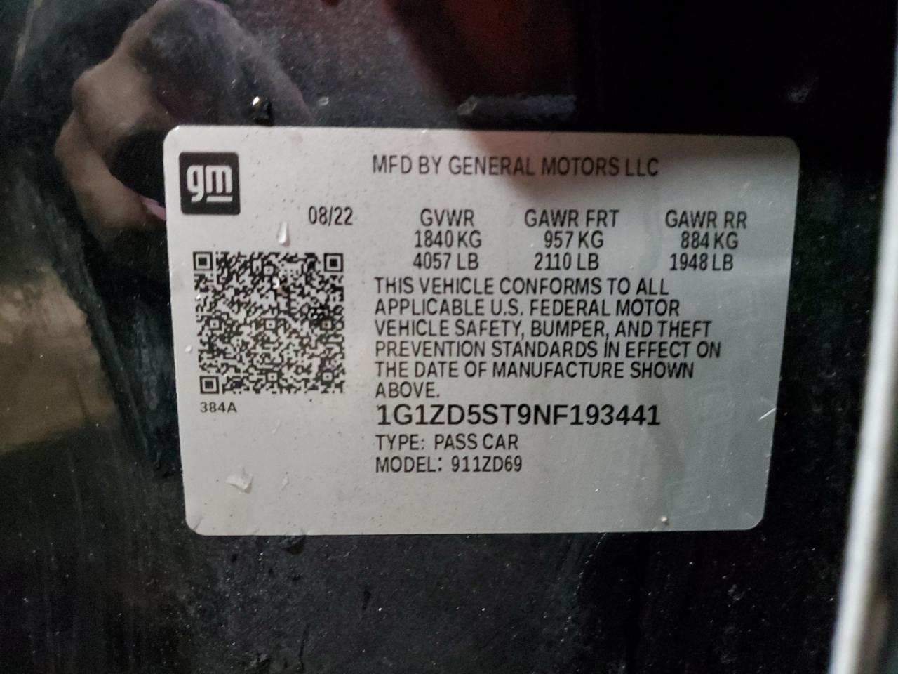 1G1ZD5ST9NF193441 CHEVROLET MALIBU 2022