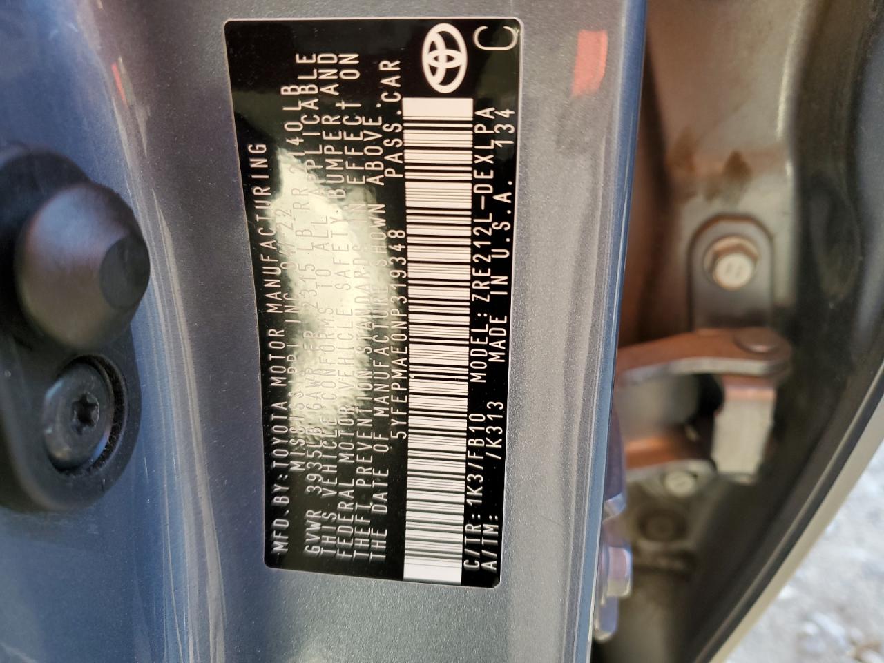 5YFEPMAE0NP319348 TOYOTA COROLLA 2022