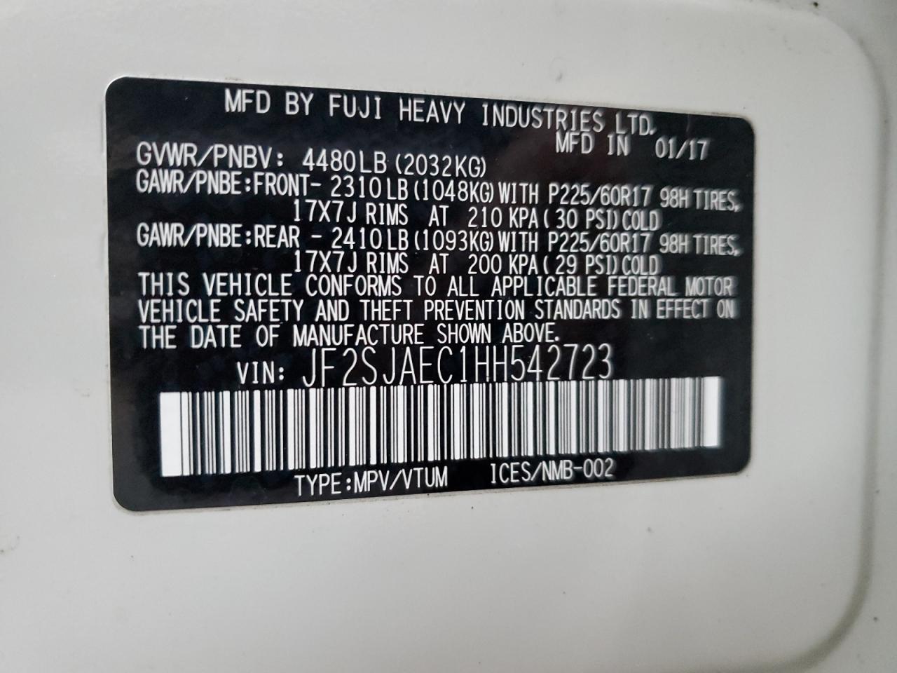 2017 Subaru Forester 2.5I Premium VIN: JF2SJAEC1HH542723 Lot: 88258105