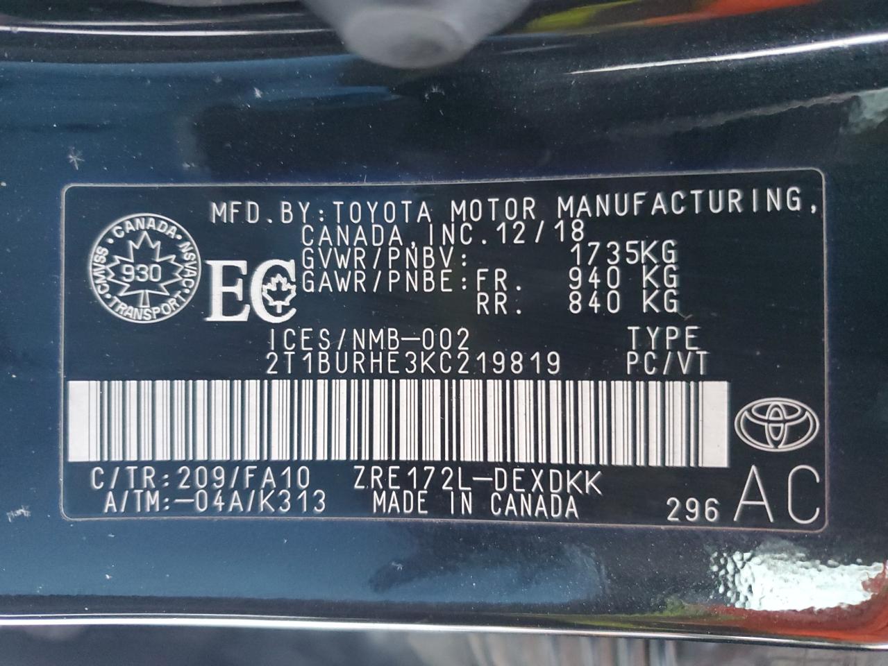 2T1BURHE3KC219819 TOYOTA COROLLA 2019