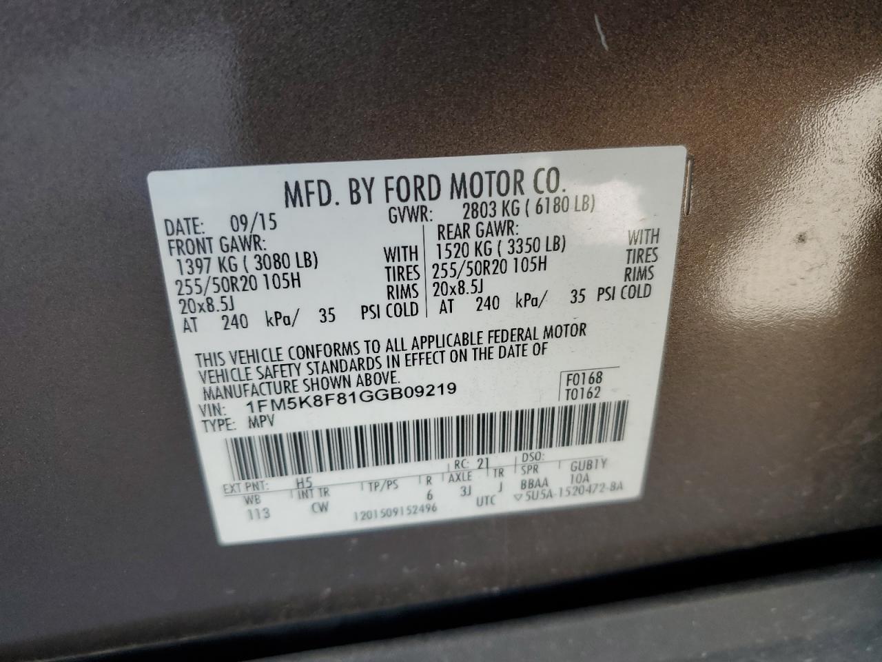 1FM5K8F81GGB09219 FORD EXPLORER 2016