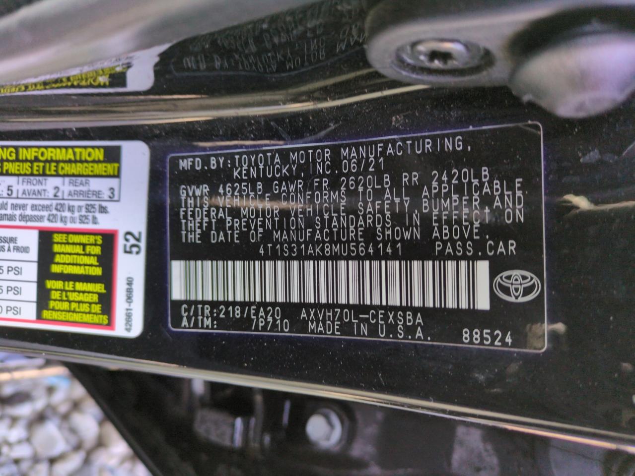 4T1S31AK8MU564141 TOYOTA CAMRY 2021