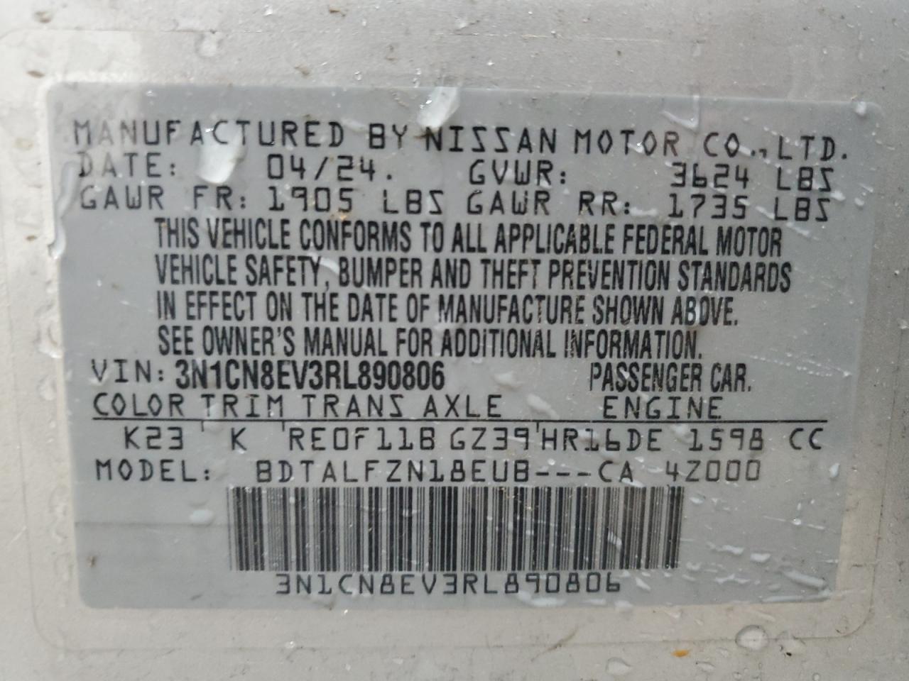 VIN 3N1CN8EV3RL890806 2024 NISSAN VERSA no.12