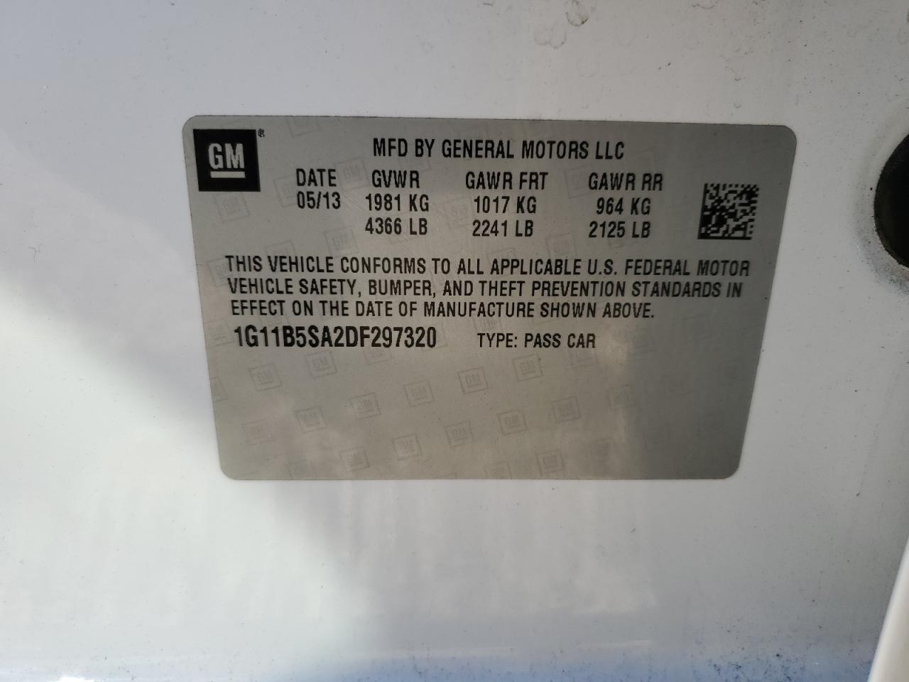 2013 Chevrolet Malibu Ls VIN: 1G11B5SA2DF297320 Lot: 43378955