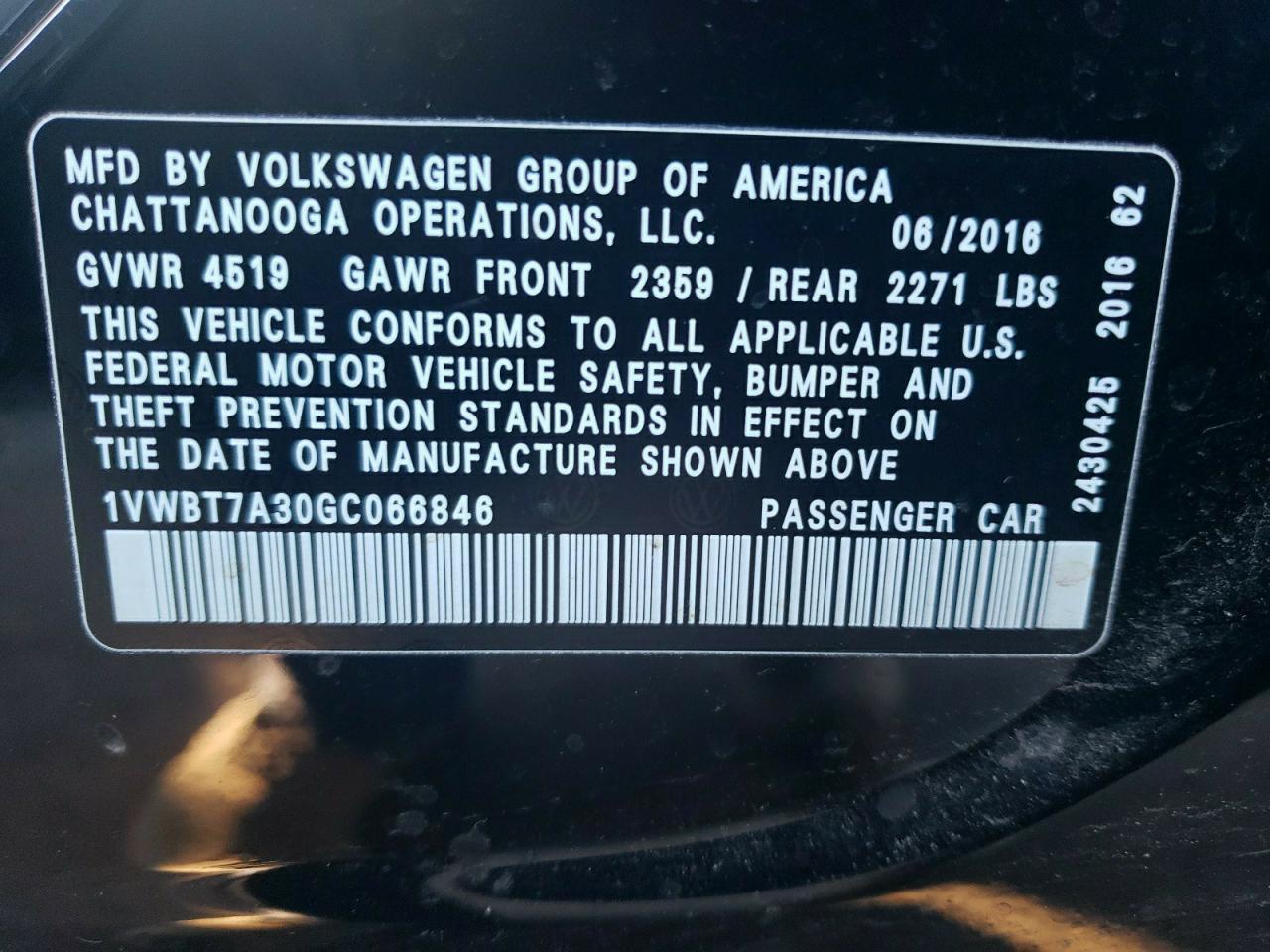 VIN 1VWBT7A30GC066846 2016 VOLKSWAGEN PASSAT no.12