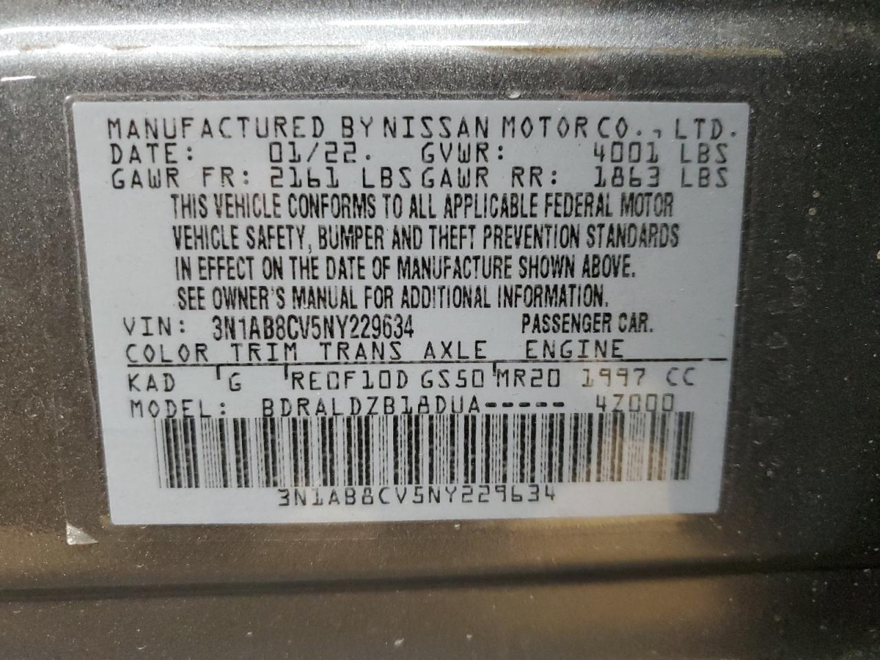 3N1AB8CV5NY229634 NISSAN SENTRA 2022