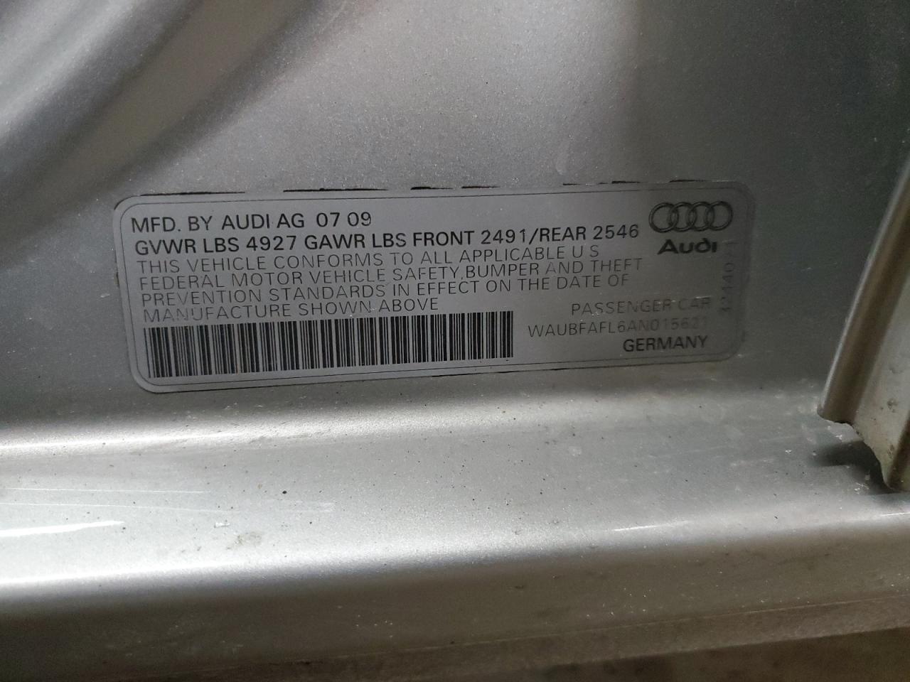 2010 Audi A4 Premium VIN: WAUBFAFL6AN015621 Lot: 41400055