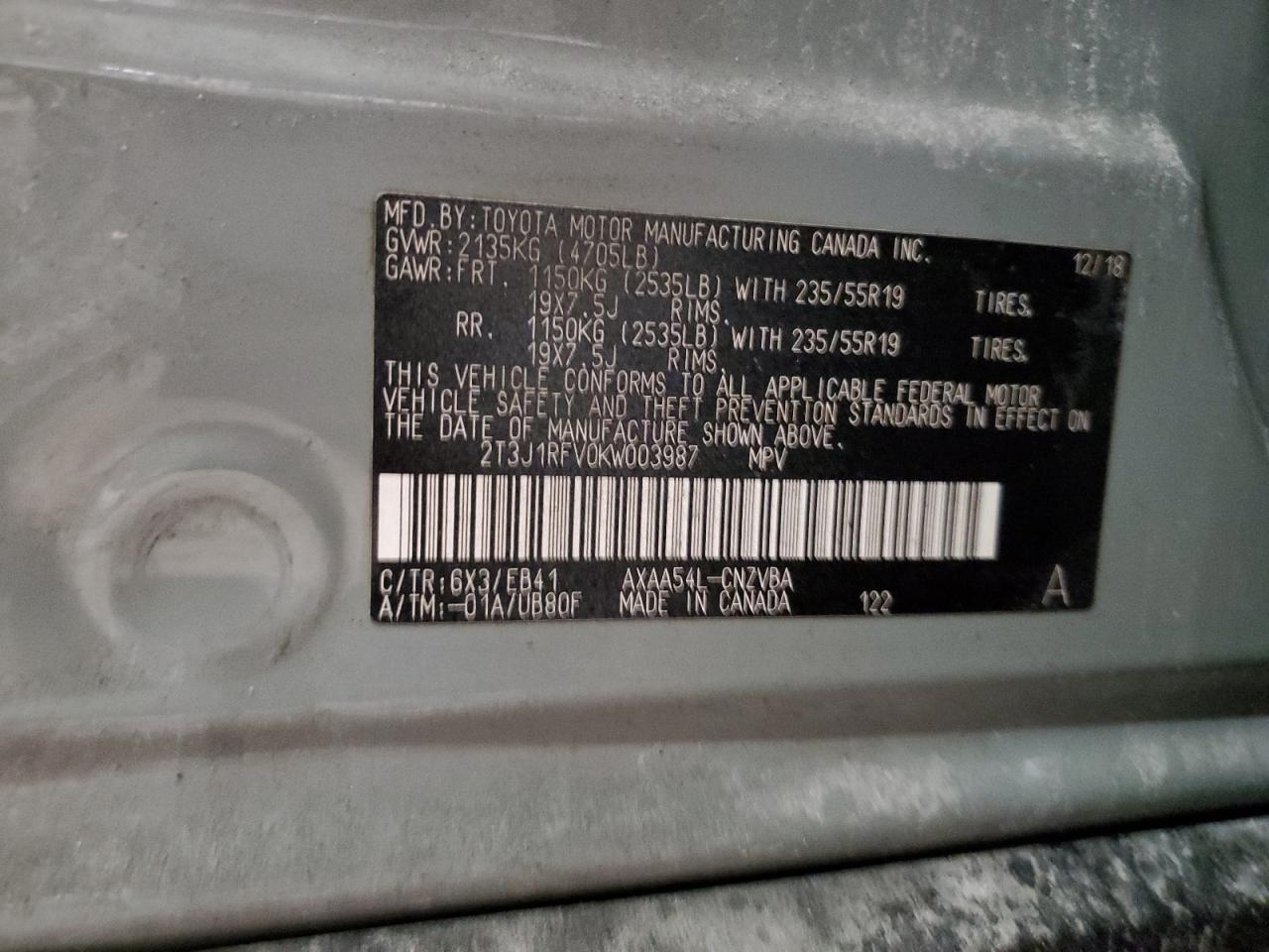 2T3J1RFV0KW003987 TOYOTA RAV4 2019