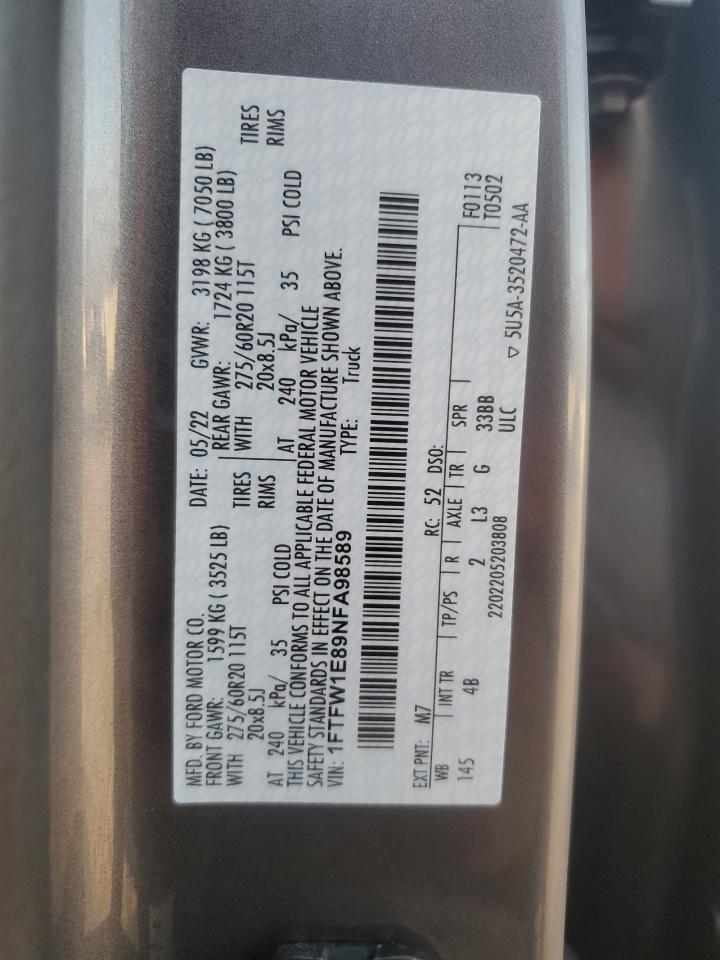 1FTFW1E89NFA98589 FORD F-150 2022